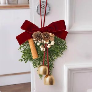 Merrycom-Bells for Christmas trees,Red Velvet Bows Christmas Bell Hanging Ornament for Wreath, Xmas Tree Topper Pine Leaves Bell Craft Decor for Home Door Tree Christmas Party Decorations.